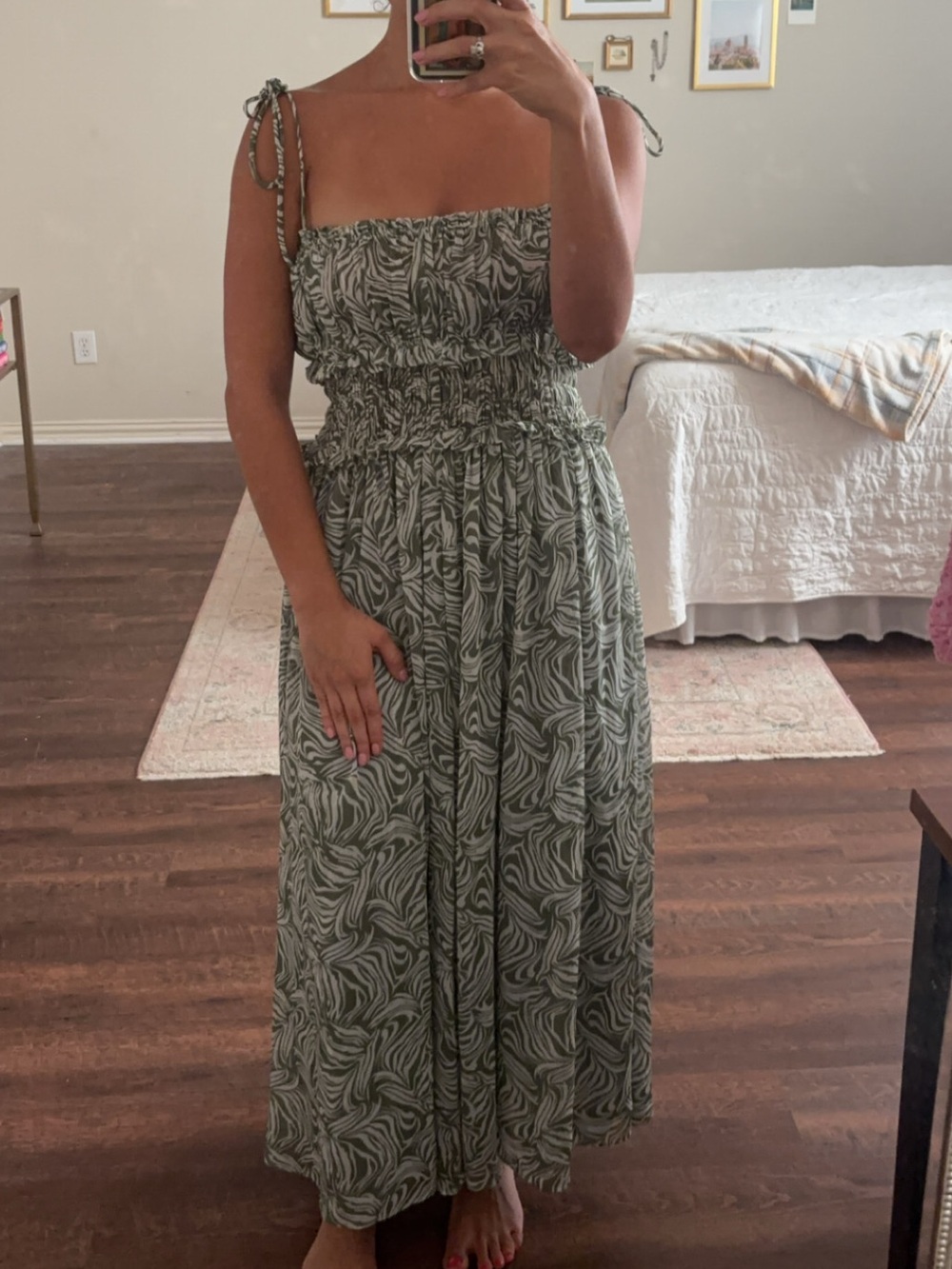 En Saison Olive Leaf-Print Smocked Tie-Shoulder Maxi Dress
